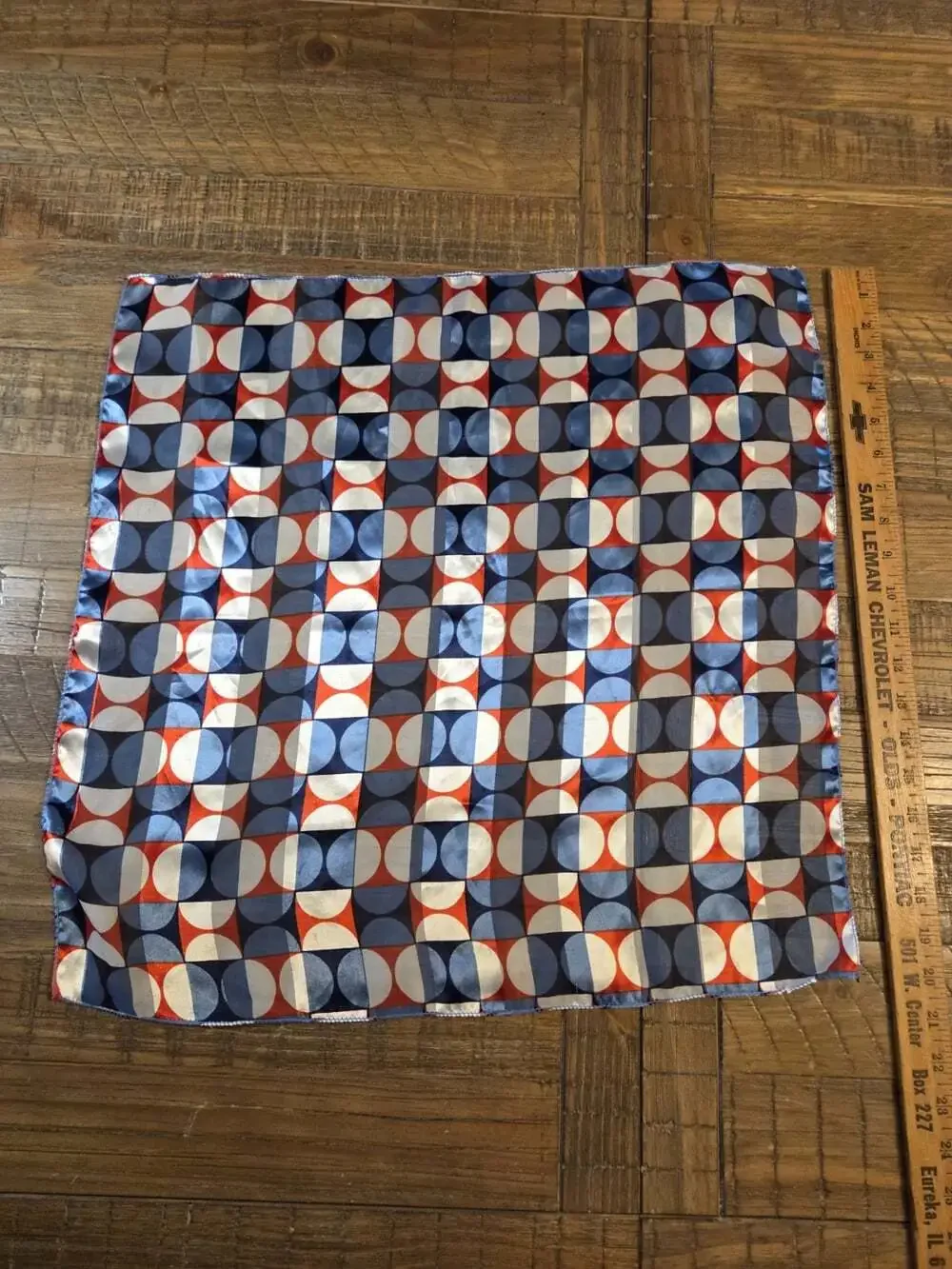 vintage geometric silk scarf features a retro mid-century modern pattern